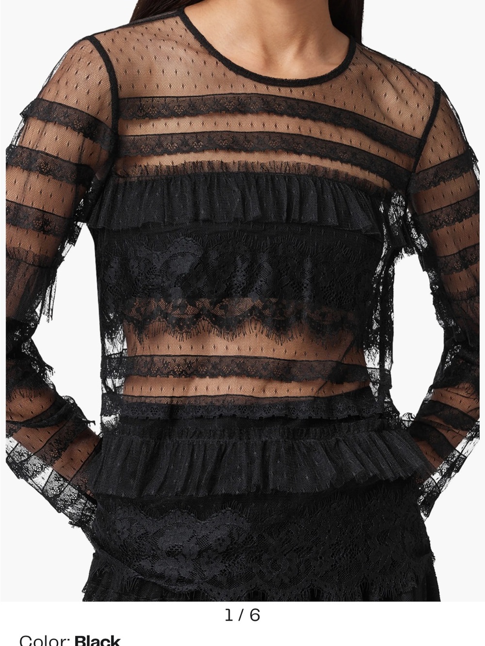 NWT AllSaints Arlea Ruffle Tulle Lace Top in Black - Size 8